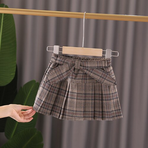 Winter Plaid Skirt for Baby Girl School Uniform Children Casual Pleated Bow Mini Skirts Toddler Plaid Bottoms: Khaki / 100cm