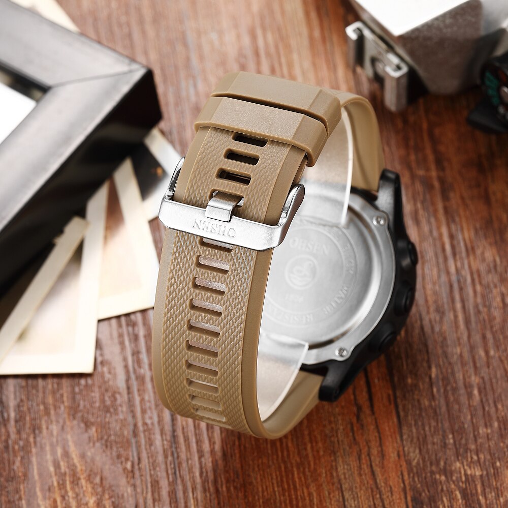 Ohsen merkevare digital lcd rød herre gutteklokke reloj hombre 50m dykk kaki silikonrem utendørs sport armbåndsur hanne