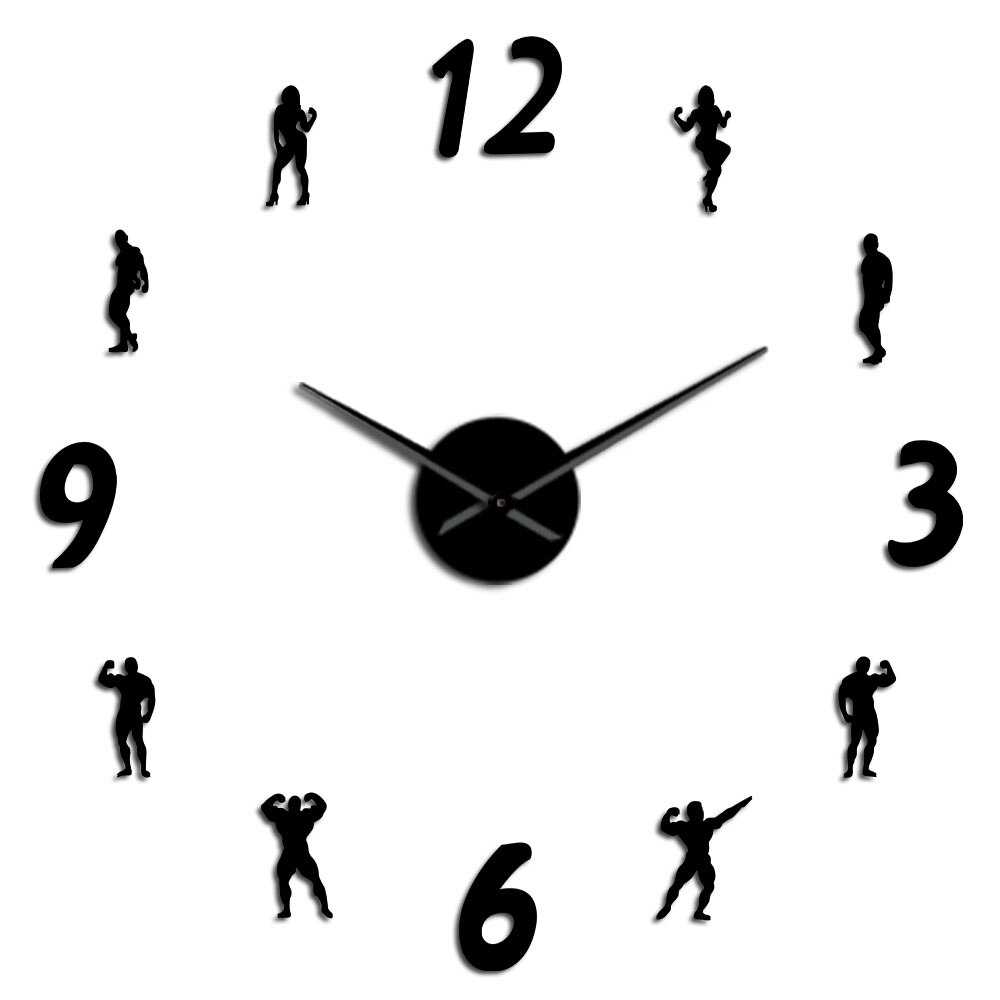 Reloj de pared grande para gimnasio, reloj de pared sin marco, habitación de Fitness moderna, 3D pegatina de pared, para entusiastas del reloj DIY para culturismo: Black / 37 Inch