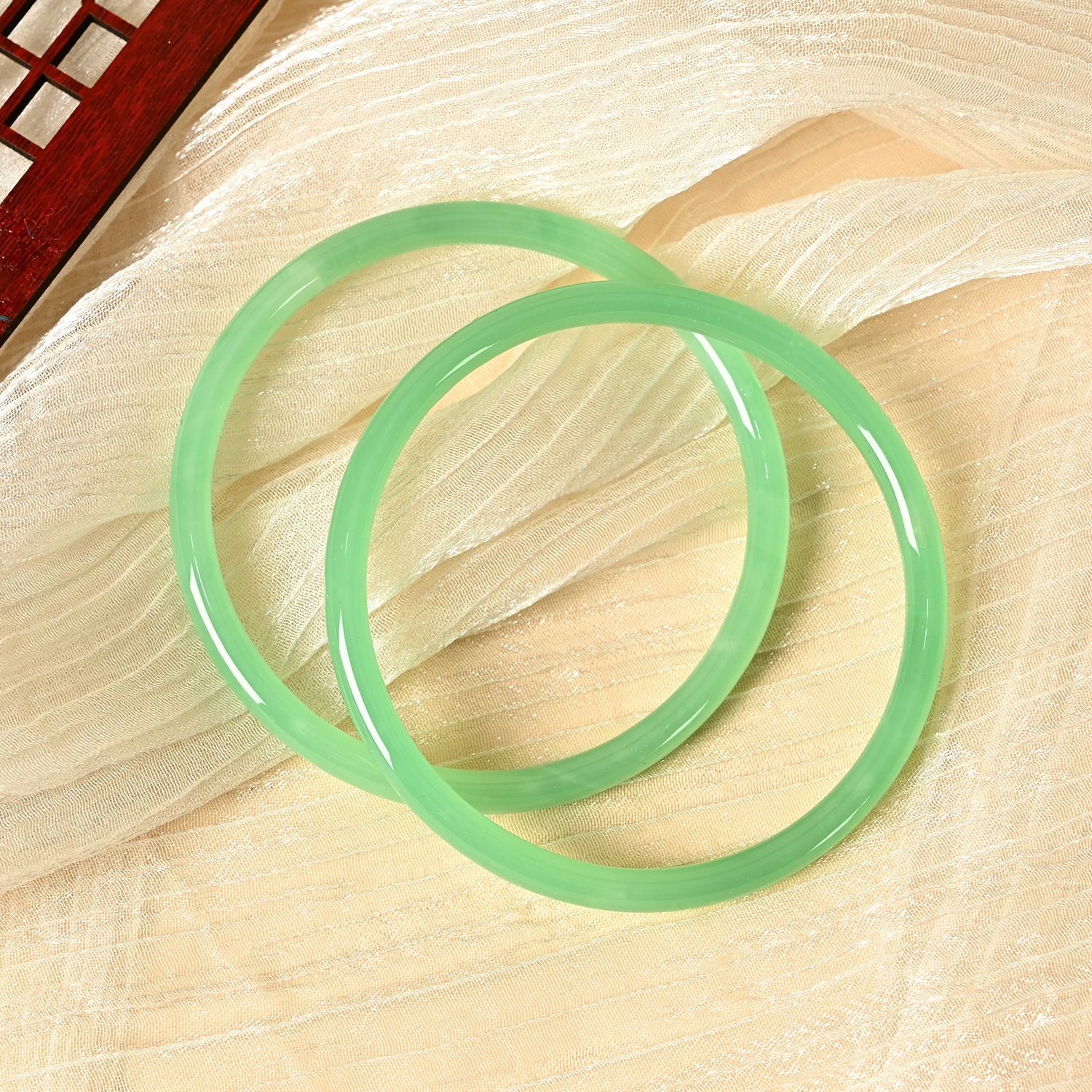 2Pcs/Set Glass Natural Jade Solid Color Jingle Bangles Retro Simple Bracelet Femme Women's Casual China Jewelry