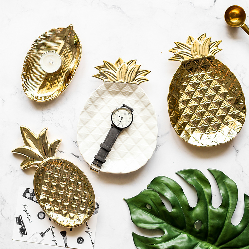 Plateau à Dessert en céramique, feuilles d'ananas, bijoux plat or argent blanc noir boucles d'oreilles anneau assiette décorative bols