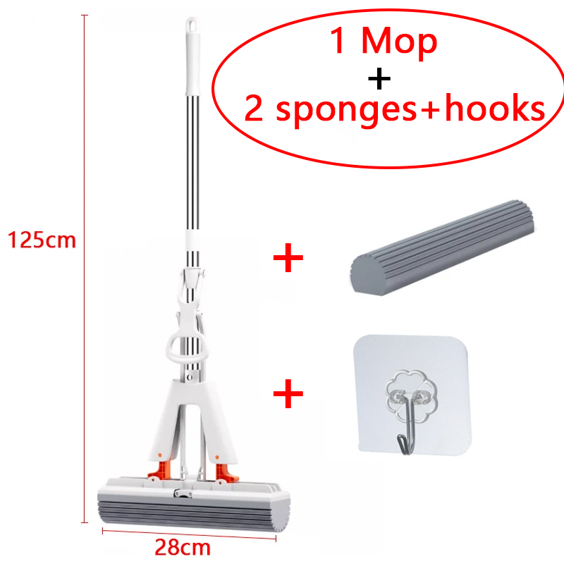 Squeezed Self Draining Rubber Cotton Mop Hand Free Magic Self-Cleaning Flat Mop Reusable Sponge Household Floor Cleaning Tool: Blue