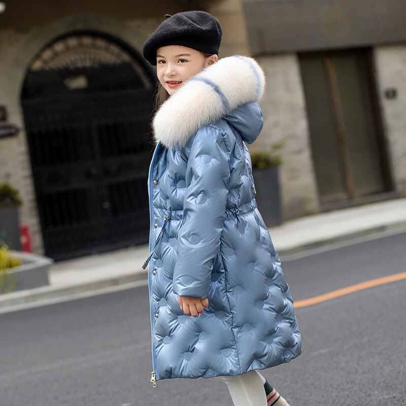 bright color thick down jacket winter jackets girls russian winter coats two-way zipper love embroidery pattern super fur collar: Blue / 10