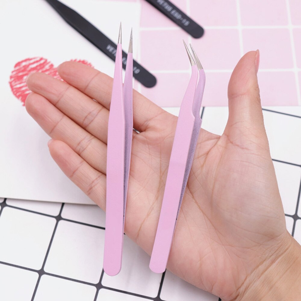 2 Stuks Rvs Roze Hetero + Bend Tweezer Voor Wimper Extensions Nail Art Tangen Wenkbrauw Haar Remover Clip