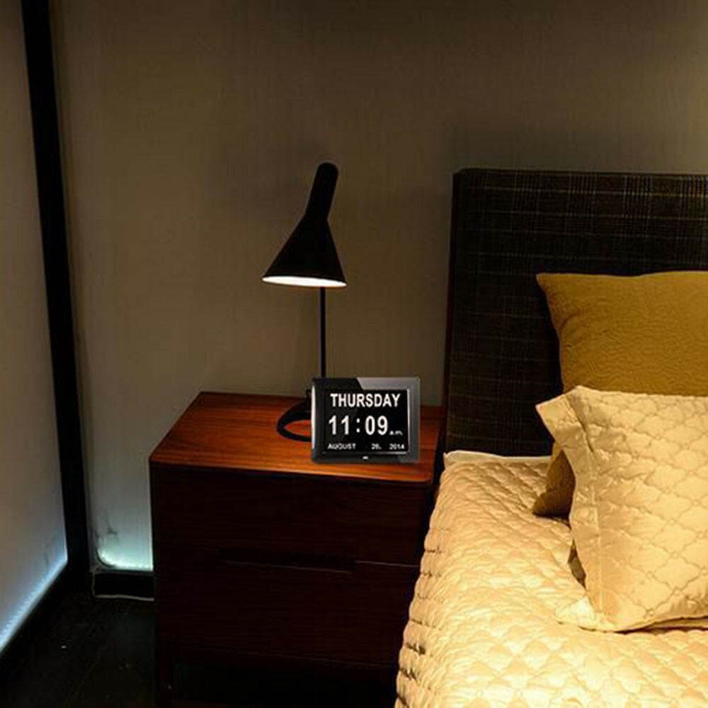 8 " vækkeur led digitalt kalendervækkeur med store bogstaver uge/måned/år til seniorer boligindretning