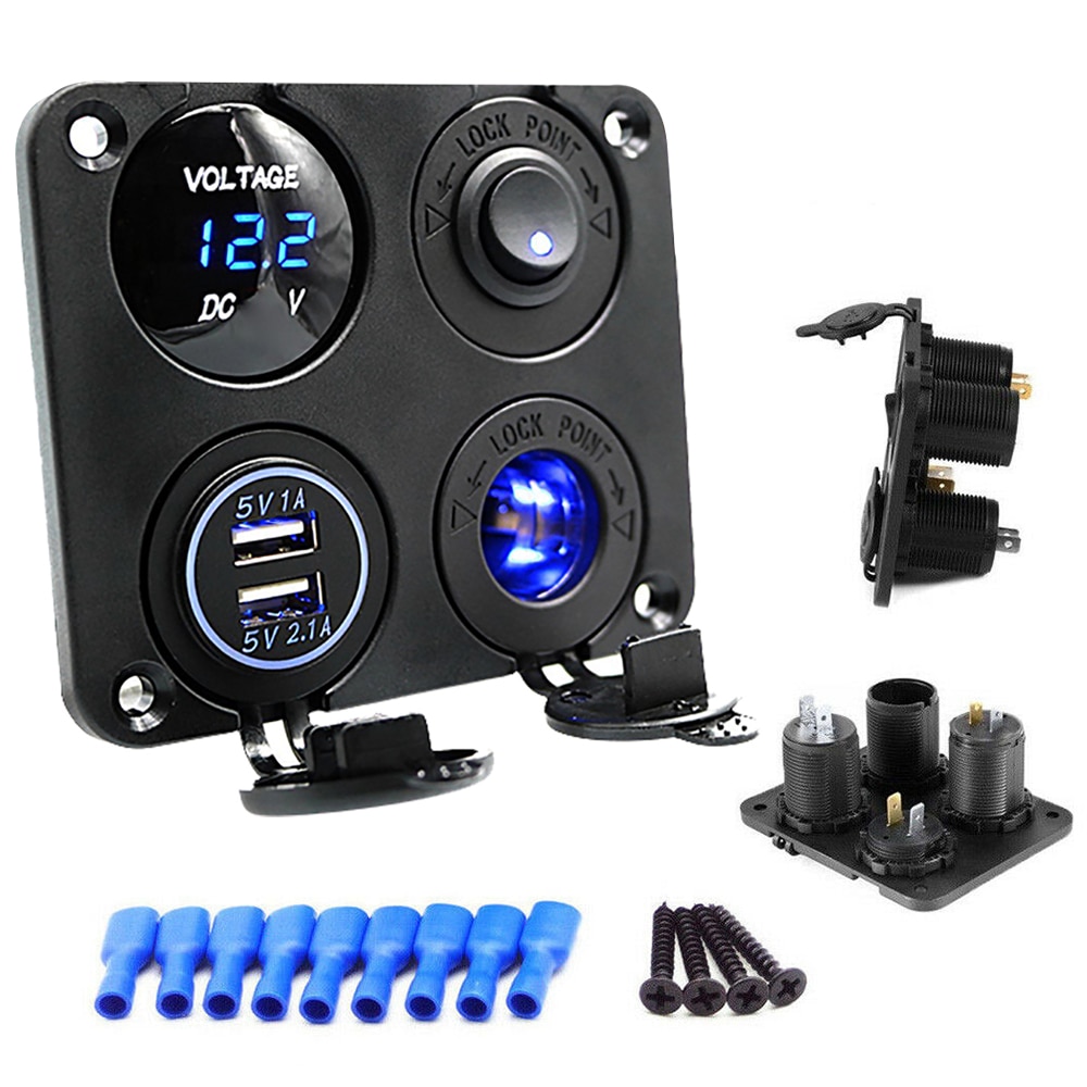 12-24V Car Boat Power Adapter Cigarette Lighter Socket Dual USB Charger Voltmeter Switch LED light With Dust plug Waterproof: Default Title