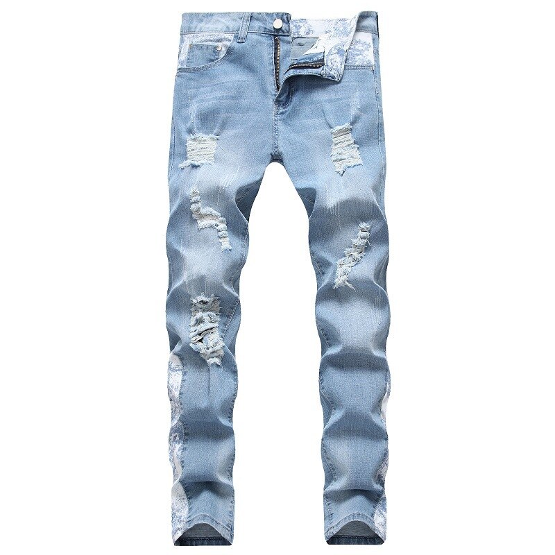 Mannen Denim Jeans Stretch Broek Mannen Koreaanse Stijl Trendy Persoonlijkheid Bedelaar Grote Size Tij Ripped Jeans: blue / 36