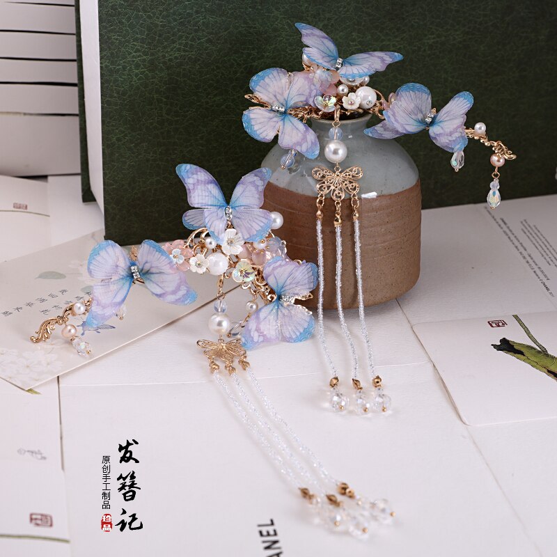 Accesorios chinos hechos a mano para el cabello Hanfu, horquilla para disfraz, tocado, accesorios clásicos de paso sacudida, pinza de pelo de mariposa de tul para chica