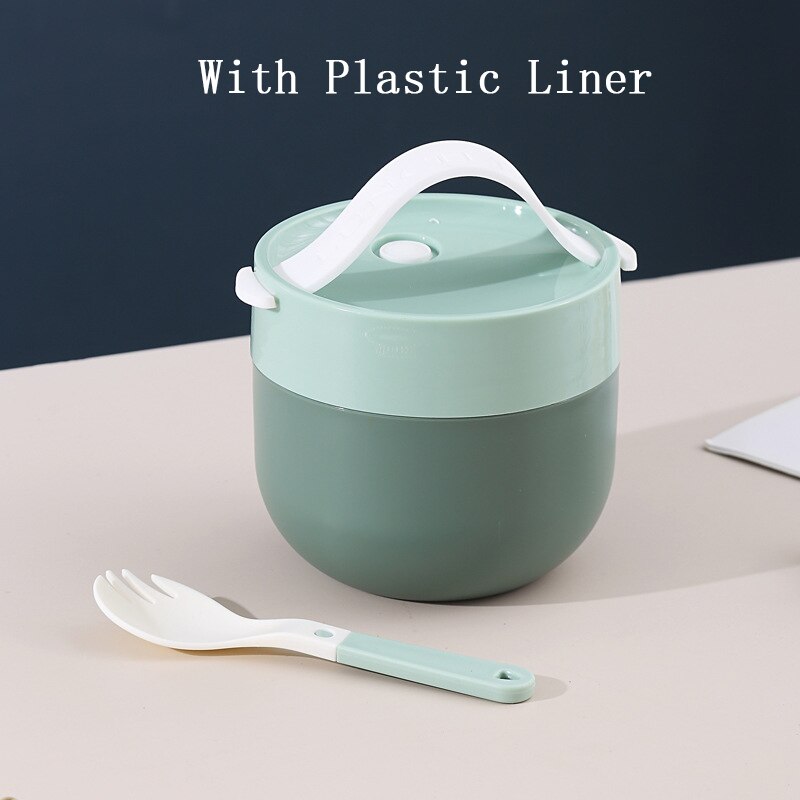 Portable Soup Cup Lunch Box Stainless Steel/Plastic Thermos Mug Food Container Thermal Cup Vacuum Bento Box With Spoon For Kids: A-Green