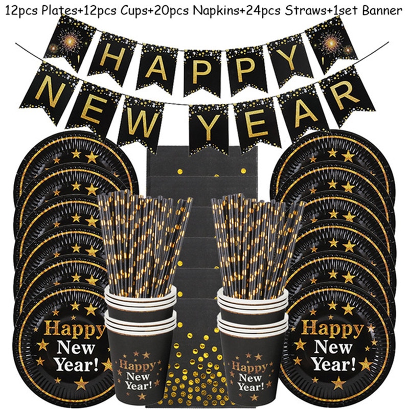 69 stuks wegwerpservies voor een happy year-feest, feestbenodigdheden, papieren banners, borden, bekers, kerstavond