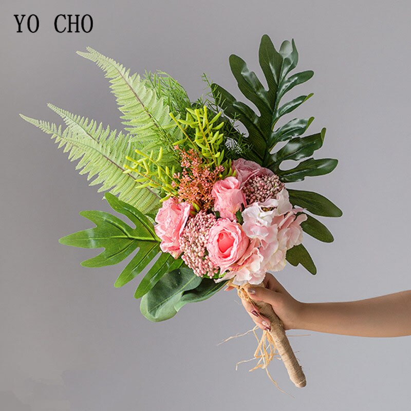 YO CHO Braut Hochzeit Strauß Fotografie Hochzeit Liefert Künstliche Seide Rose Hortensien Blume Cycas Strauß Grünen Wald Stil: rosa