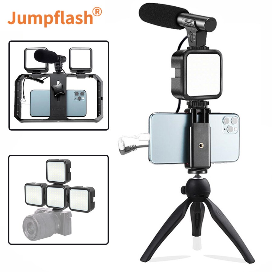 Jumpflash Tripod Phone Stabilizer Holder Condenser Microphone LED Fill Light for Photo Video Selfie Camera Phone