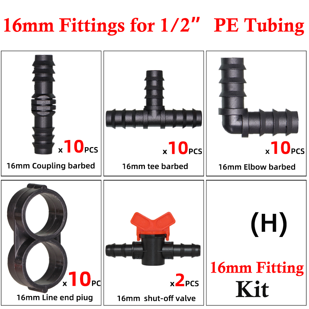 16mm PE Tubing Barbed Fittings Kit Garden Drip Watering Connectors Tee Elbow Coupling Cap Plug End 1/2" Hose Irrigation Adaptor: HX1Kit