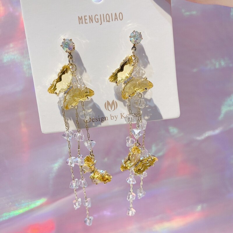 MENGJIQIAO Korean Colorful Crystal Butterfly Earrings For Women Girls Tassel Long Pendientes Party Jewelry