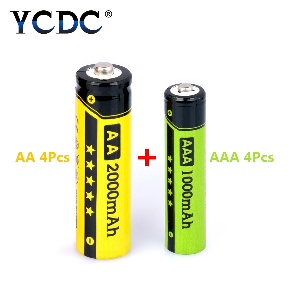 Ycdc 8 pces = aa + aaa baterias recarregáveis 1.2v ni-mh 1000mah aaa + 2000mah aa nimh bateria com células segurar caixa do caso