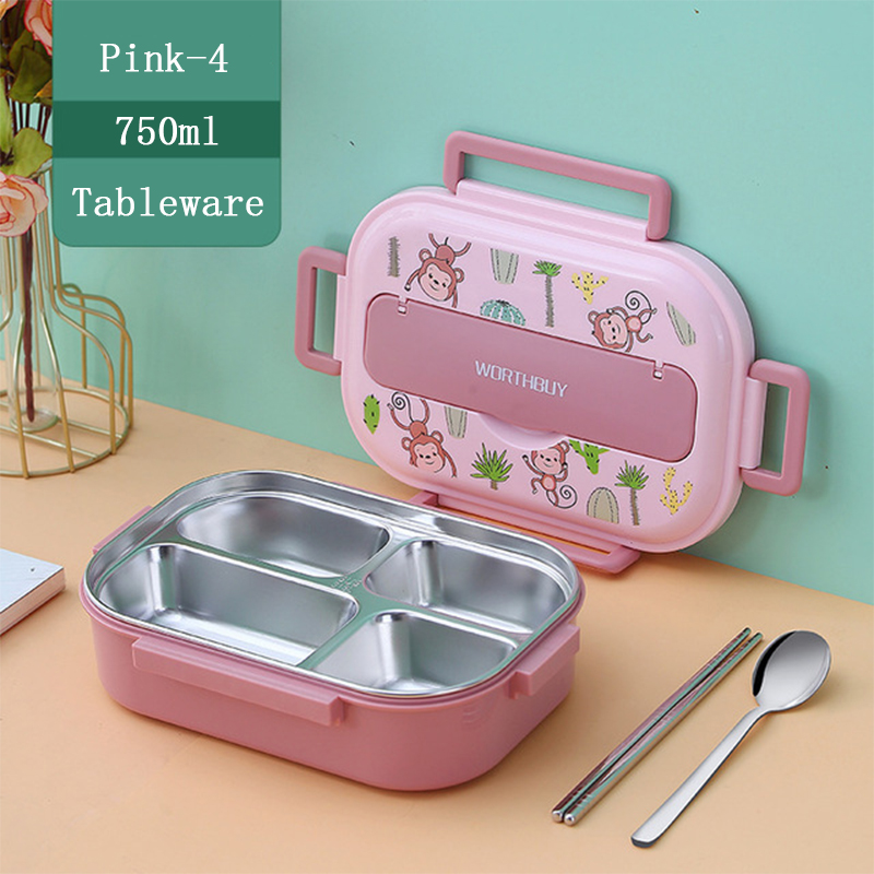 Lunch Box 316 Stainless Steel Bento Box Monkey Leak-Proof Food Container Box Microwae Heating For School Kids Office Worker: Pink-4