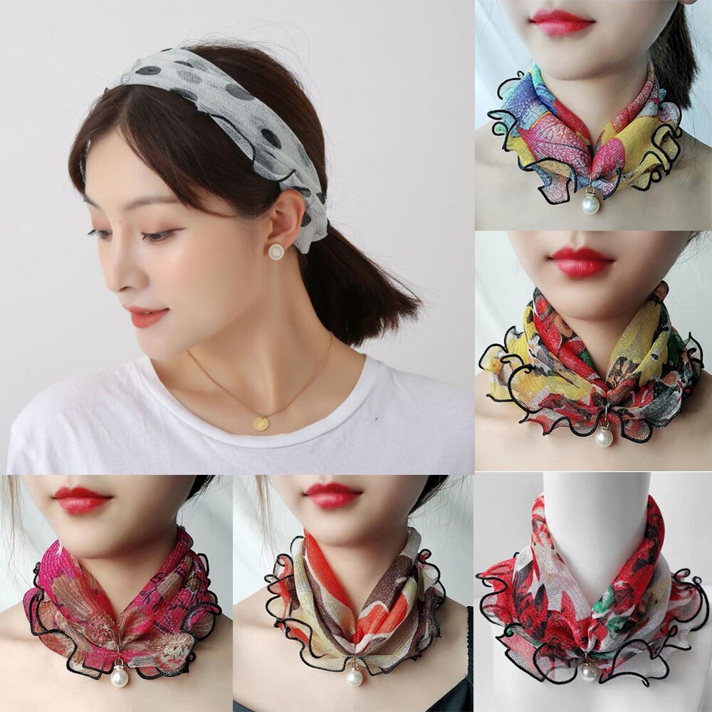 Lace Pearls Scarf Wood Ears Gold Thread Lace Variety Lady Neck Hair Chiffon Scarves Soft Spring Summer Scarf Mother's Day