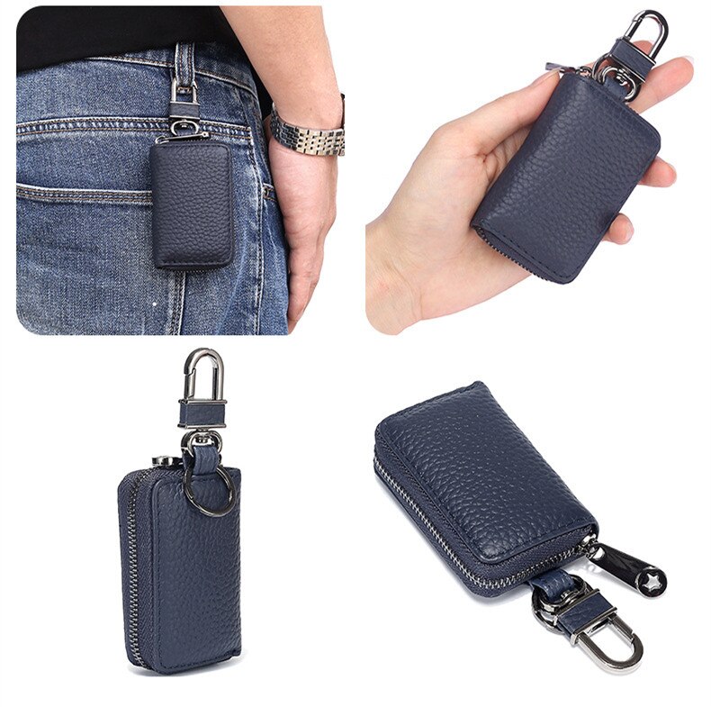 Bolso pequeño para llaves para hombre y mujer, Cartera de cuero auténtico, organizador de llaves, cartera de la llave del coche: Deep blue
