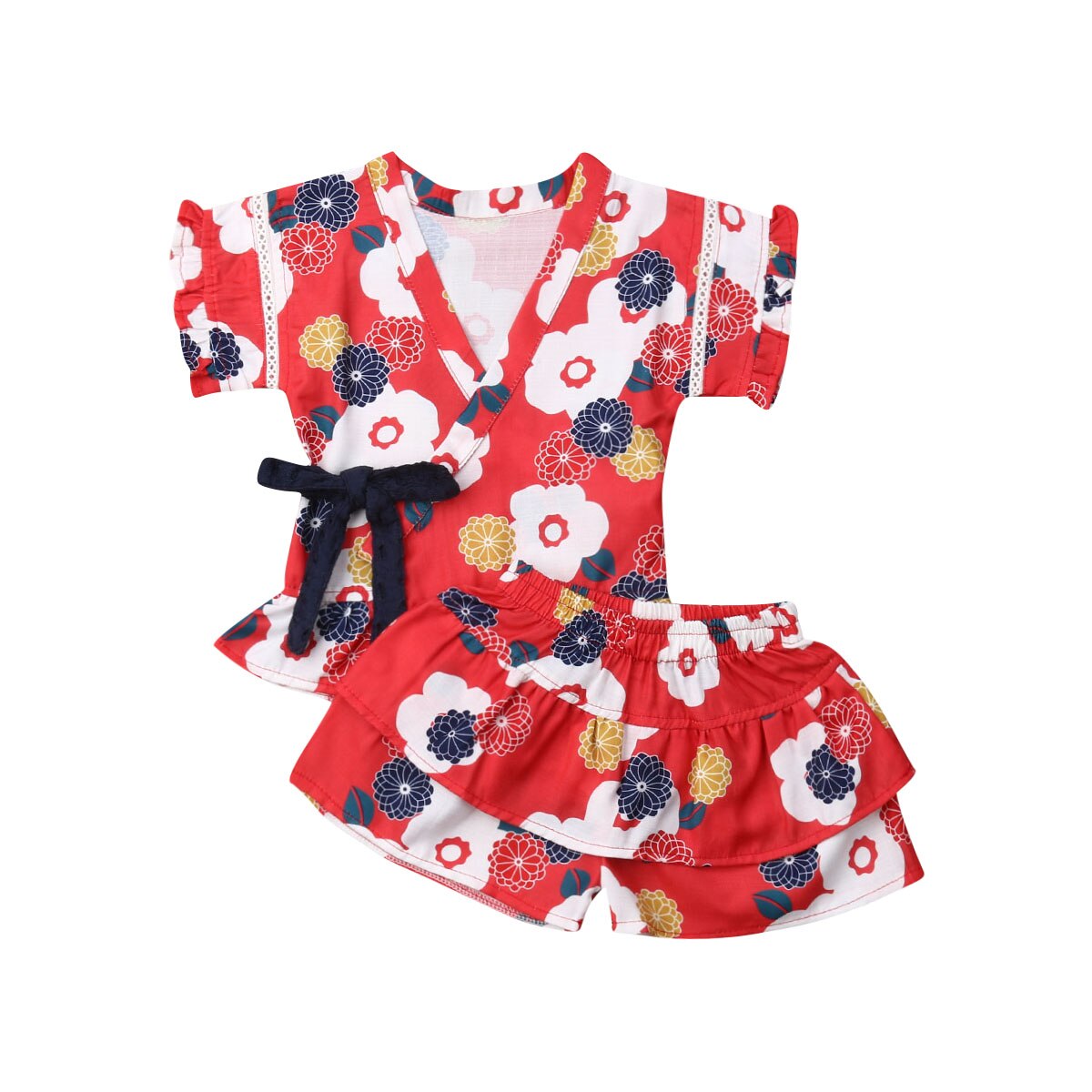 Uk Peuter Kid Baby Meisje Bloemen Ruche Tops Shorts Outfit Kleding Pyjama Zomer: Rood / 2 Years