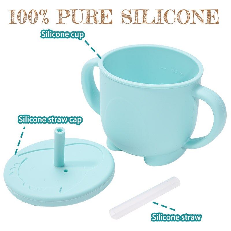Babybekers van stevig siliconen met een rietje voor peuters met een siliconen deksel, waterbekers van voedingskwaliteit voor kinderen.