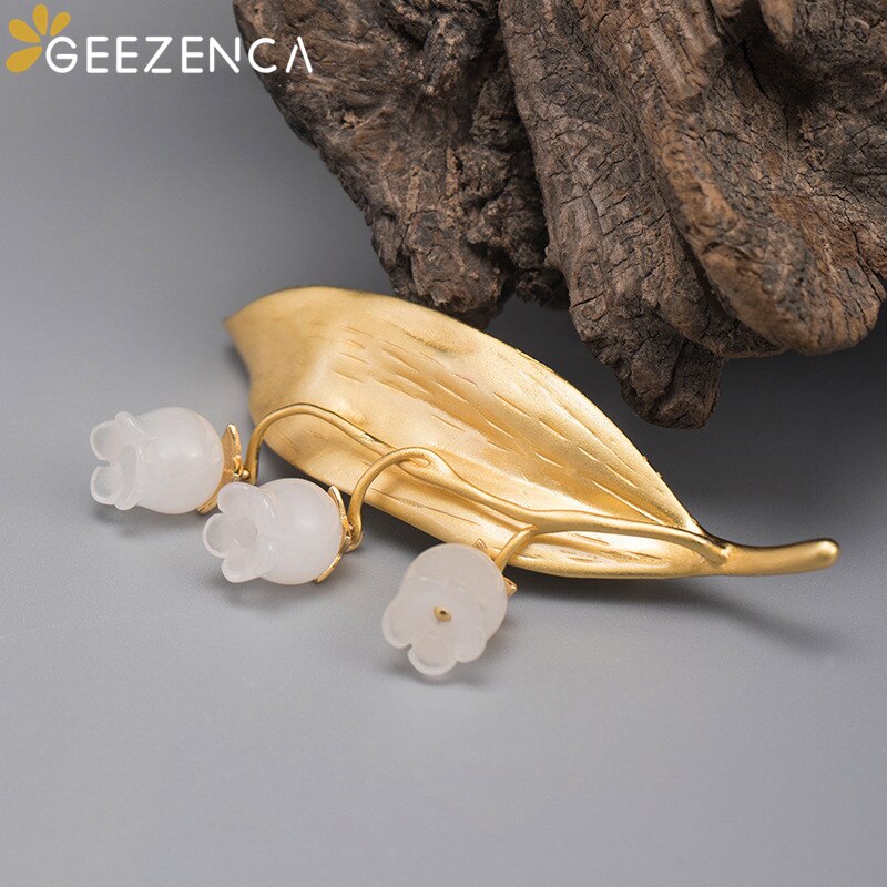 925 Sterling Silver Golden Leaf White Jade Flower Brooch Fine Jewelry for Women Handmade Craft Original Brooch Party