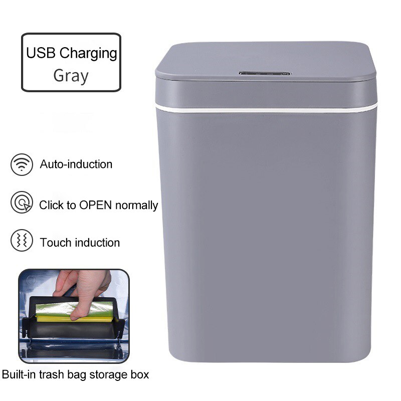 14/16L USB Charging Rubbish Can Automatic Smart Induction Trash Can Sensor Dustbin Touch Sensor Garbage Bucket for Home Kitchen: Gray-USB / 14L