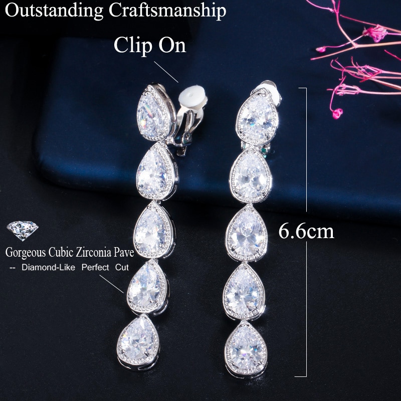 CWWZircons Non Piercing Ear Long Dangle CZ Crystal Clip On Earrings No Pierced Women Wedding Party Costume Jewelry CZ713