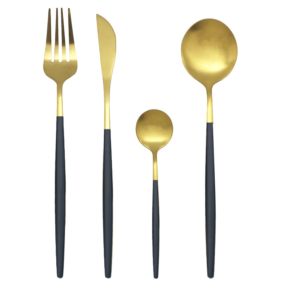 16 stk sort service bestiksæt kniv te middagsske gaffel guld rustfrit stål køkkenbestik servisesæt: 1 sæt / Sort guld