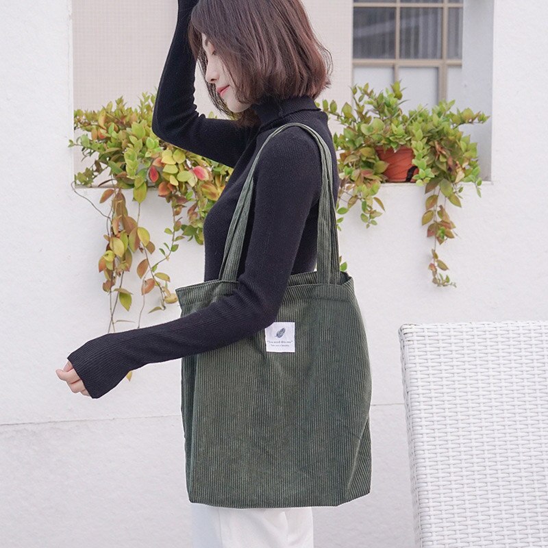 Women Corduroy Shopping Bag Female Canvas Cloth Shoulder Bag Environmental Storage Handbag Reusable Foldable Eco Grocery Totes: Blackish Green