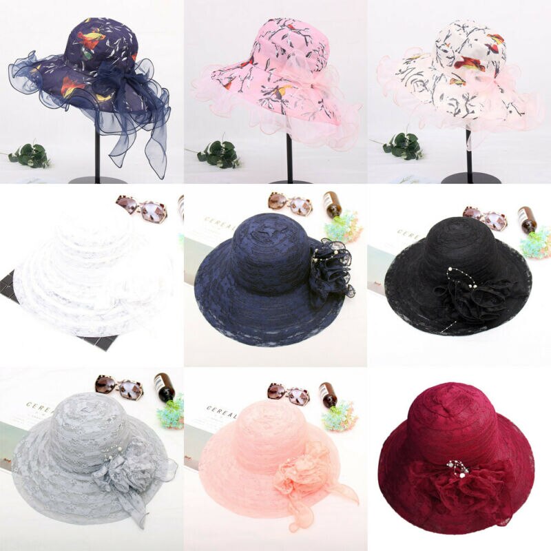 Ladies Women Casual Beach Organza Lace Wide Brim Kentucky Derby Sun Hat Wedding Tea Party Church Cap