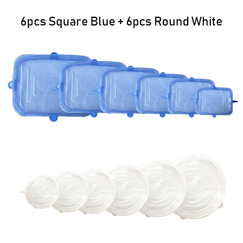 Set de couvercles réutilisables universels pour nourriture, 12 pièces, protection alimentaire en Silicone extensible, capuchon magique pour aliments, pour la nourriture: 6roundWhitsquareBlue