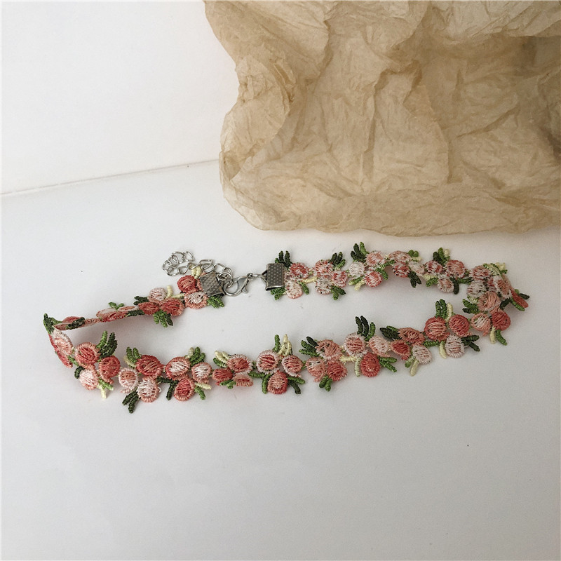 Kpop sød romantisk choker lyserød forårstrik blomst rose halskæde til kvinder piger fest smykker: Lyserød