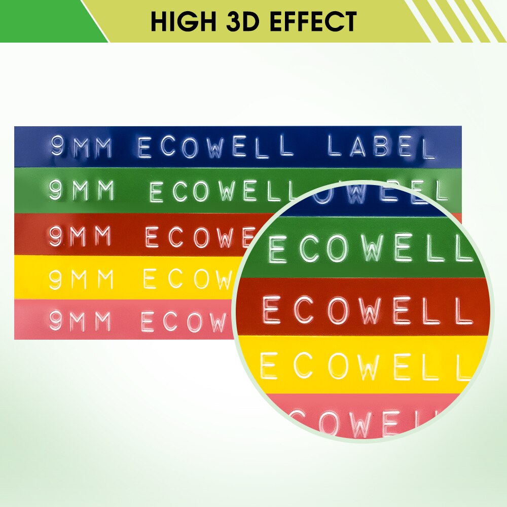 Ecowell 3D Plastic Embossing Tape 9mm compatible for Embossing Label Maker PVC LABEL DYMO 1610 12965 1880 1540 Motex E101