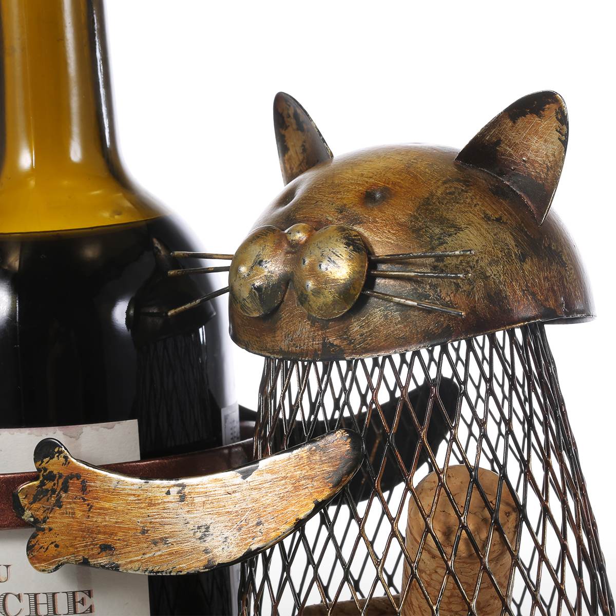 Tooarts Cat Wine Rack Cork Container Bottle Wine Holder Kitchen Bar Metal Wine Craft Christmas Handcraft Animal Wine Stand