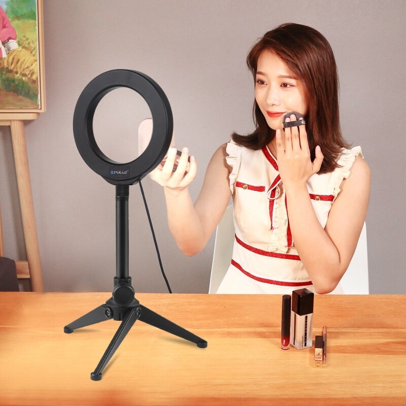 -PULUZ 4.7Inch Ring Light LED Desktop Ring Lamp with Tripod Selfie Stick USB White Light for Makeup Studio Photography