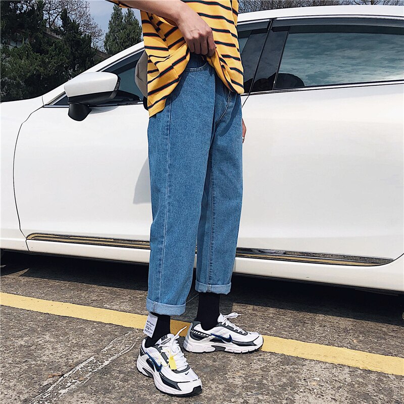 Jeans menn rette bukser løs fritid trendy harajuku herre ankellang enkel matchende pluss størrelse 3xl bunt solid retro: Blå / M