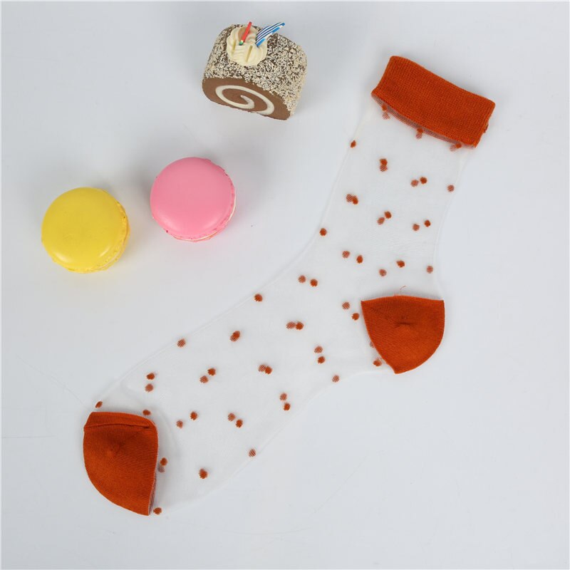 [EIOISAPRA]Spring Summer Transparent Casual Heap Heap Socks Women Japanese Vintage Glass Silk Dot Thin Colorful Short Socks: Orange