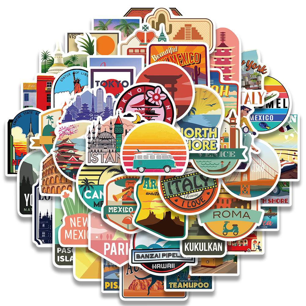 50 Stücke Weltlandschaft Land Stadt Reise Wasserdichte Aufkleber Fahrrad Telefon Auto Gepäck Laptop Motorrad Koffer Art Aufkleber