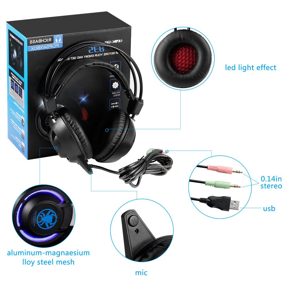 Usb led-game-koptelefoon met geluidsisolatie, over-ear bekabelde gamingheadset met microfoon voor pc/laptop-gamers