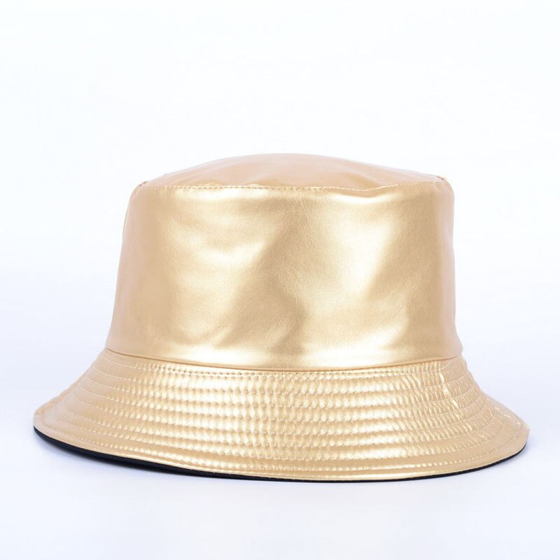 Spand hatte kunstlæder spand hat dobbeltsidet hat pu & bomuld solid top damer spand cap panama fisker cap