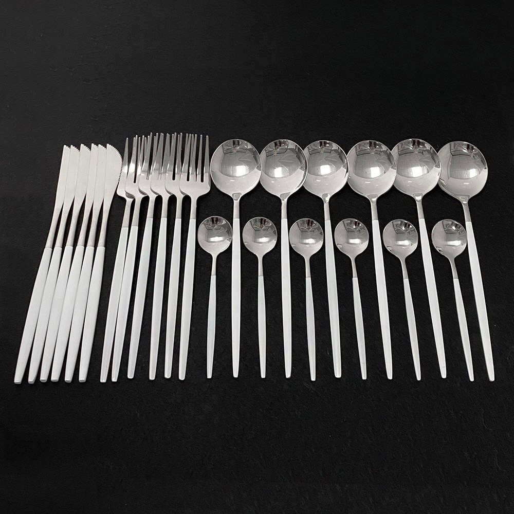 Explosion24Pcs Bunte Geschirr Set Edelstahl Besteck Set Küche Spiegel Gold Geschirr Set Messer Gabel Löffel Geschirr: White Silver