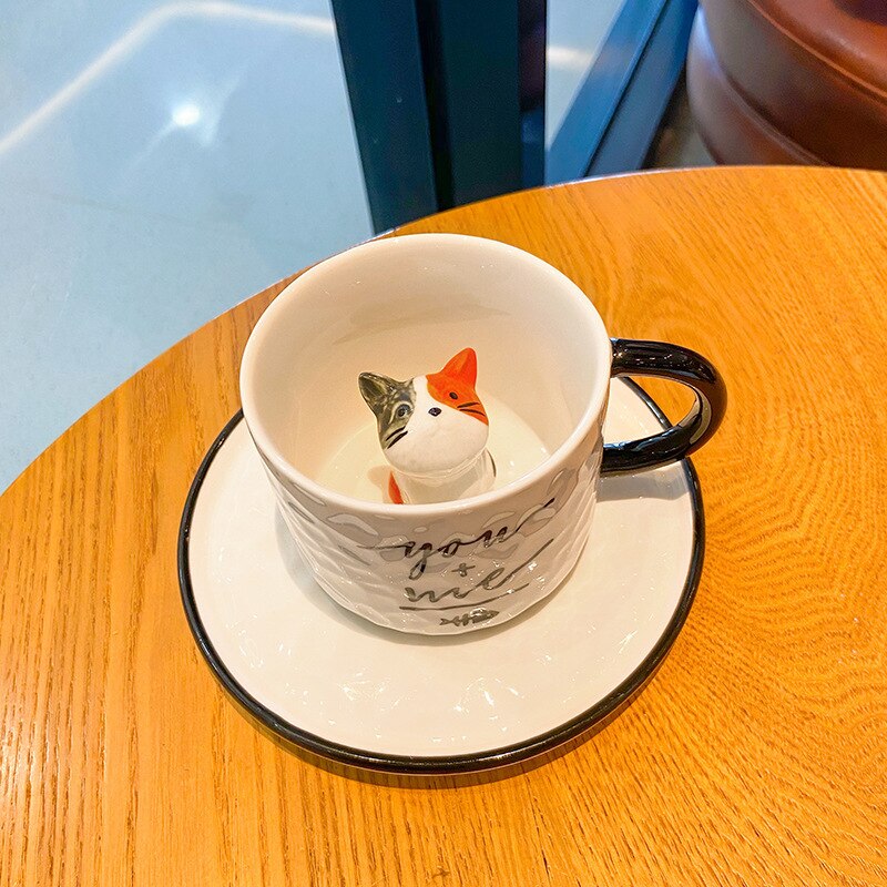 Kaffe kopper sæt te kopper sæt søde kat sjove kop keramiske krus kop og underkopper kinesiske porcelæn kaffekrus: D
