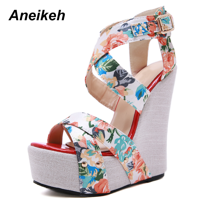 Aneikeh Vrouwen Wiggen Sandalen Zomer Platform Sandalen Hoge Hakken Schoenen Enkelbandje Print Schoeisel Dames Sandalen Pompen