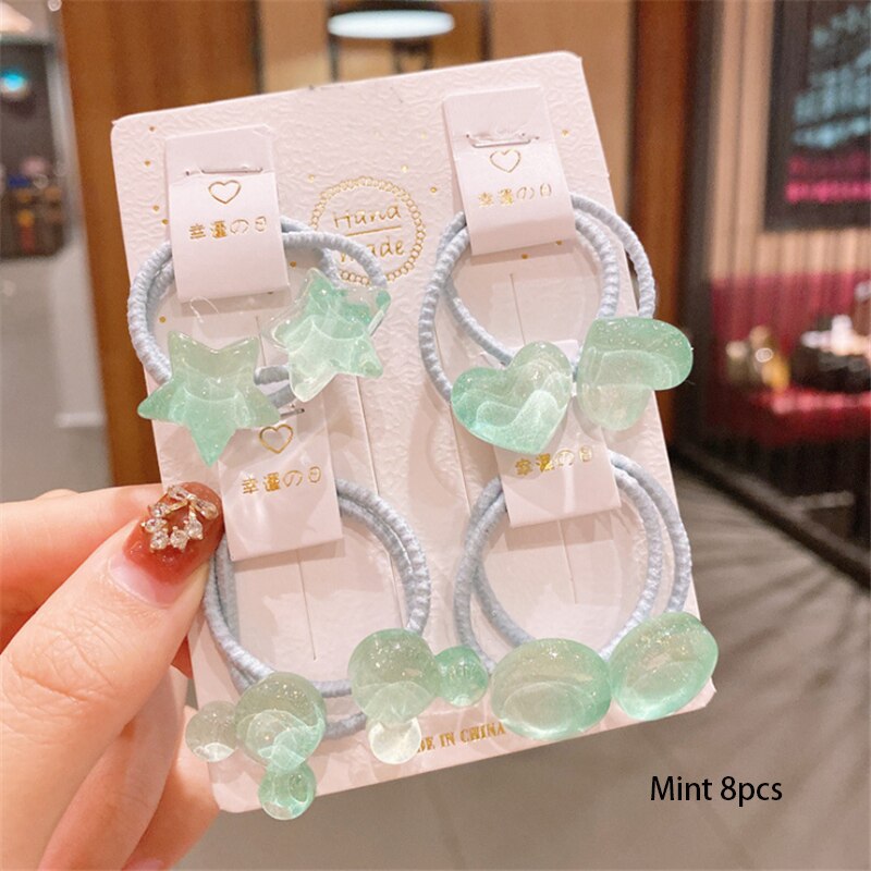 Conjunto de artículos para el cabello con figuras geométricas para niña, 8 Uds., coletero elástico de estrella y corazón para niña, goma de dibujos animados para cabello, de Navidad: Mint 8pcs