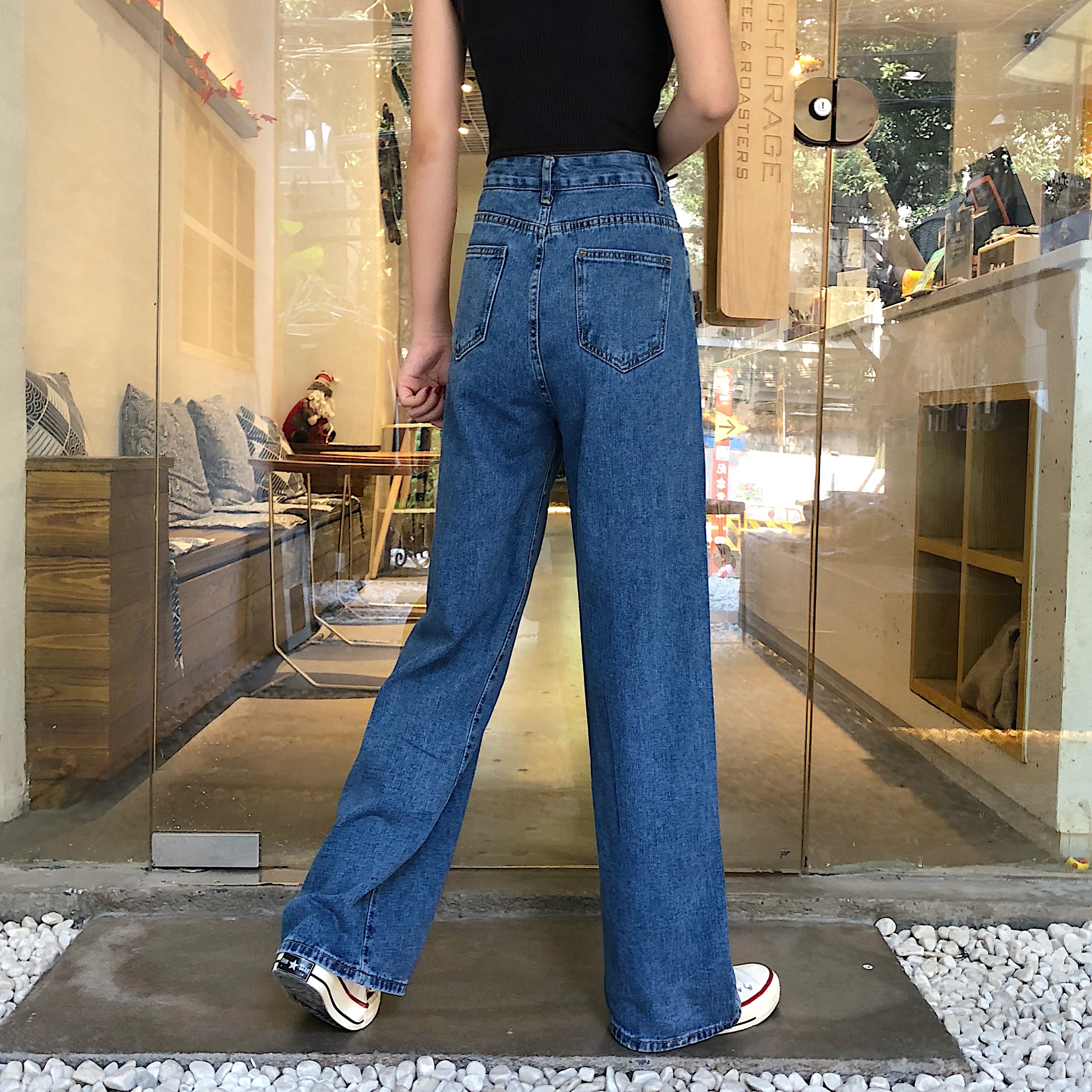 Jeans kvinder denim lange lige koreansk stil lommer kvinders høj talje afslappet løse studerende streetwear harajuku chic – Grandado