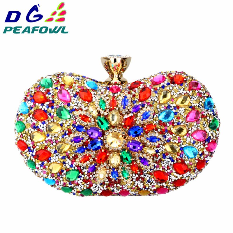 DG PEAFOWL 5colors Two Side Luxury Crystal Floral Clutch Chain Bag Evening Woman Diamond Wedding Shoulder Wallet Purse Handbags: gold-mixed