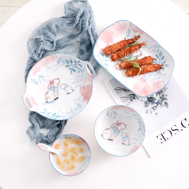 Criativo dos desenhos animados bonito prato de café da manhã cerâmica pratos de carne porcelana sobremesa prato frutas lanche prato simples animal tigela colher