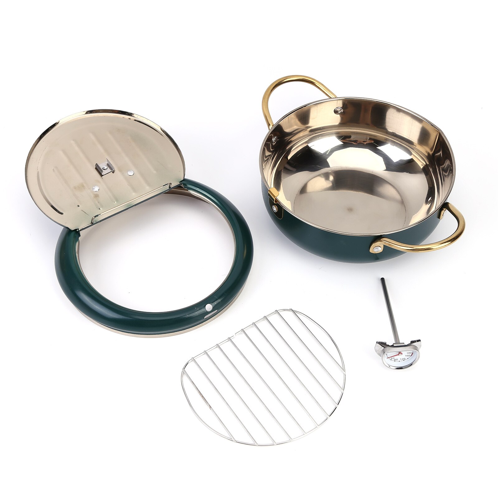 Japanese Deep Frying Pot with Thermometer Lid Oil Drip Drainer Rack 304 Stainless Steel Kitchen French Fries Tempura Fryer Pan