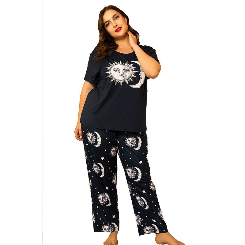 4xl plus tamanho 2 pcs feminino verão agradável pijama define sun moon impressão de manga curta pijamas macios pijamas outono pijamas homewear