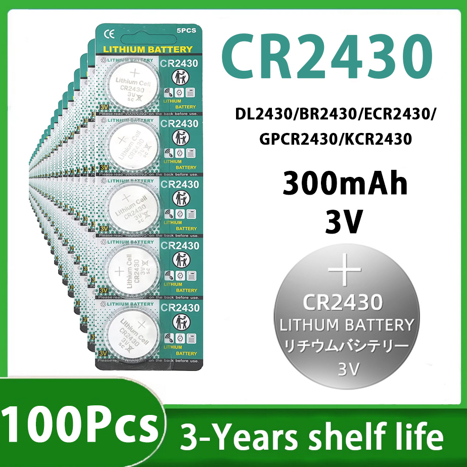 Batteria a bottone al litio CR2430 3V da 5-100 pezzi, 385mAh ad alta capacità, per calcolatrice, orologio, giocattolo, DL2430 BR2430: Rosso
